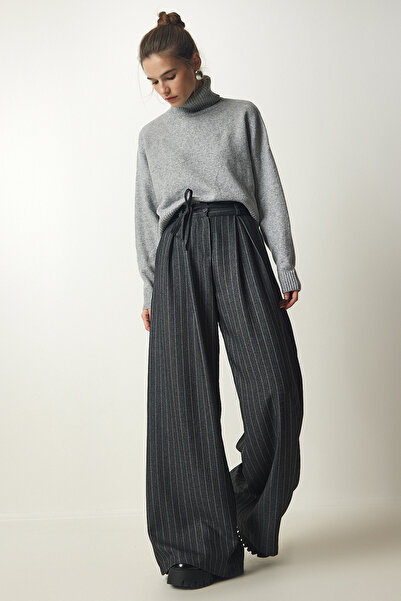 Happiness İstanbul Dámské tmavě šedé úzké pruhované volné kalhoty Palazzo FN03147