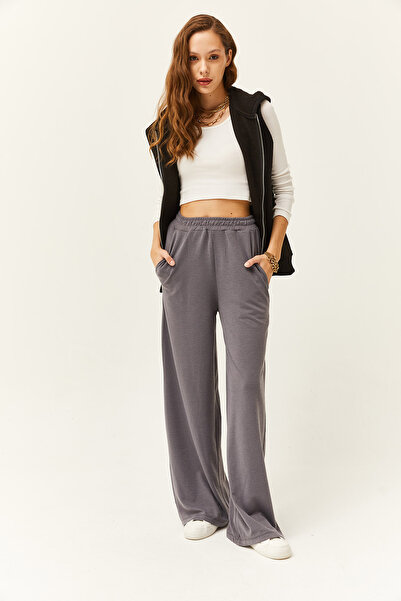 Olalook Kadın Gri Cepli Bol Paça Palazzo Pantolon PNT-19000247