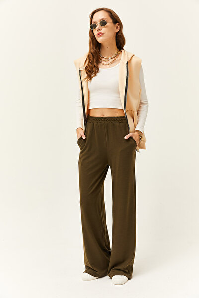 Olalook Dámské khaki kalhoty Palazzo se širokými kapsami PNT-19000247