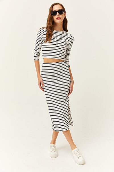 Olalook Women's Black and White Slit Skirted Bottom and Top Set TKM-19000234