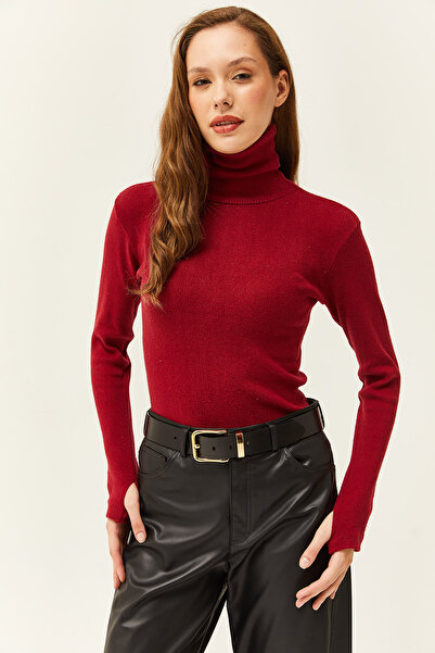 Olalook Kadın Bordo Balıkçı Yaka Parmak Detaylı Likralı Bluz BLZ-19001644
