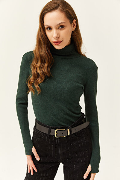 Olalook Bluză de damă, verde smarald, cu gât țesut cu degete, din Lycra, BLZ-19001644