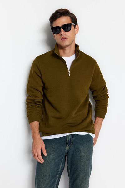 Trendyol Collection Grünes Fleece-Baumwoll-Sweatshirt – Stehkragen, Reißverschluss TMNAW24SW00041
