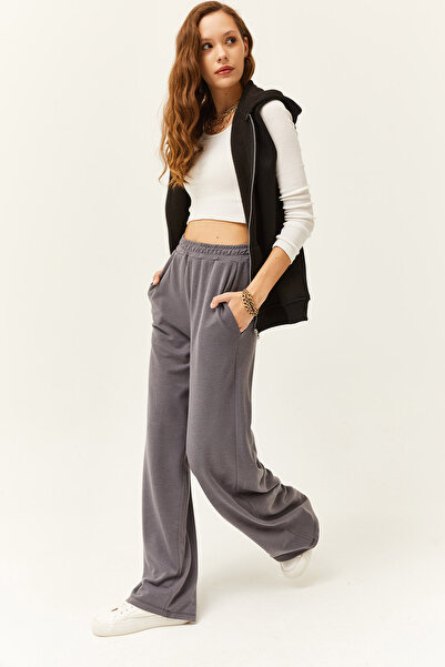 Olalook Kadın Gri Cepli Bol Paça Palazzo Pantolon PNT-19000247