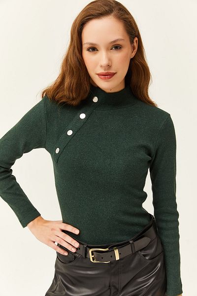 Olalook Women's Emerald Green Button Detailed Half Fisherman Lycra Blouse BLZ-19001608