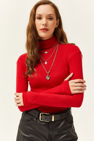 Olalook Női piros garbós ujjú lycra blúz BLZ-19001644