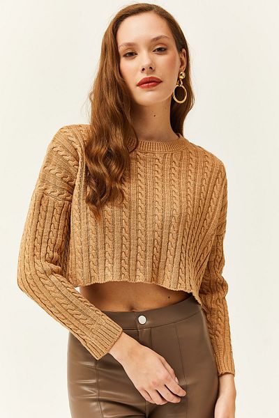 Olalook Kurzer Strickpullover aus geflochtenem Kamelhaar für Damen mit Glitzer KZK-19000688