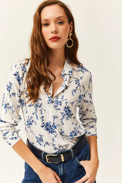 Olalook Damen-Hemd aus gewebter Viskose mit Blumenmuster in Weiß und Blau GML-19001162