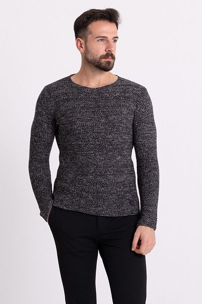 Mcr Pulover negru slim pentru bărbați - mânecă lungă, decolteu lat
