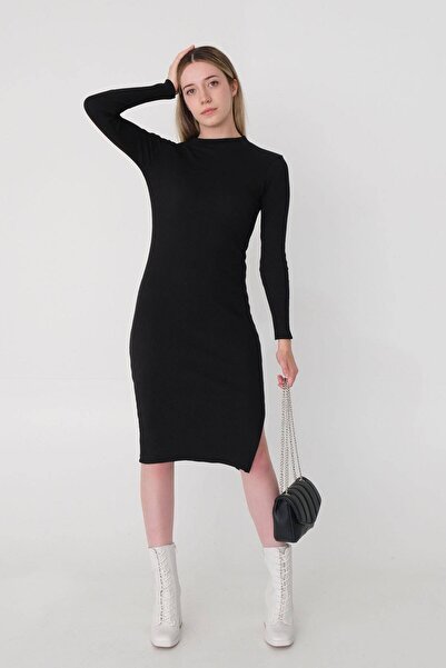 Addax Dik Yaka Yandan Yırtmaçlı Midi Elbise E1747-asn75