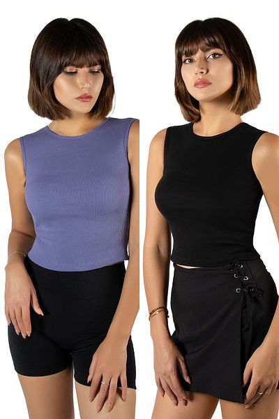 Terapi Men Pack of 2 Purple Black Fitted Crop Halter Neck Ribbed Stretch Knitted Blouse Athlete