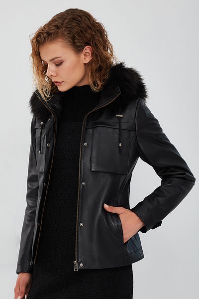 Derimod Elenor Women's Black Leather Hooded Coat