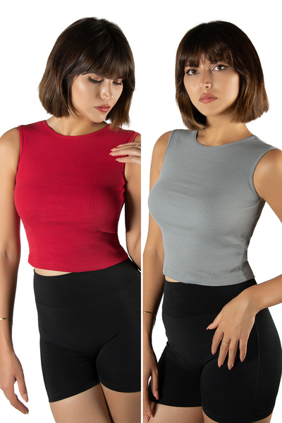 ADEGO 2 Pack Red Gray Fitted Crop Halter Neck Ribbed Stretch Knitted Blouse Athlete
