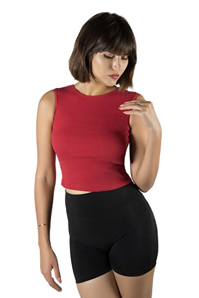 ADEGO 2 Pack Red Gray Fitted Crop Halter Neck Ribbed Stretch Knitted Blouse Athlete