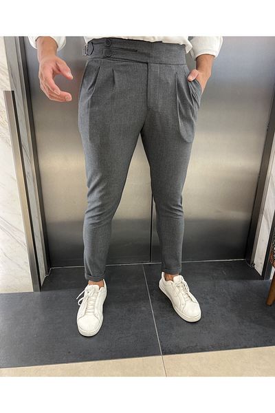 BYATA MENS STYLE Italian Cut Belted Light Gray Fabric Trousers