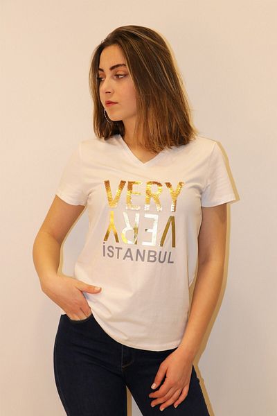 RICH GİYİM Πλούσιο γυναικείο μπλουζάκι με λαιμόκοψη 100% βαμβάκι