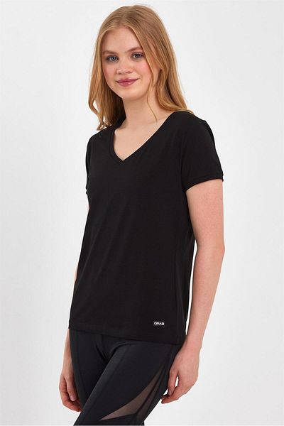 GRAB Tricou negru cu mânecă scurtă cu decolteu în V