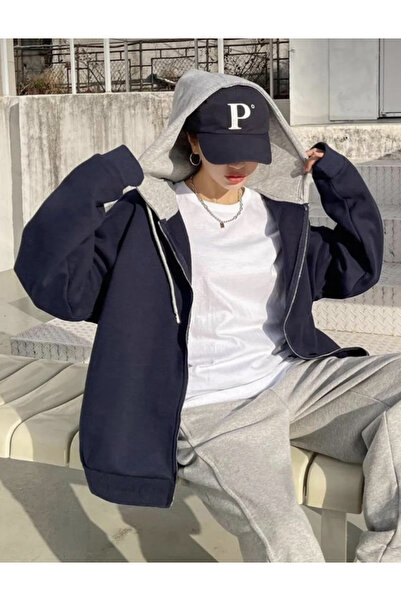 Köstebek Hooded Navy Blue Basic Thick Fabric Zippered Oversize (Unisex) Hooded Sweatshirt