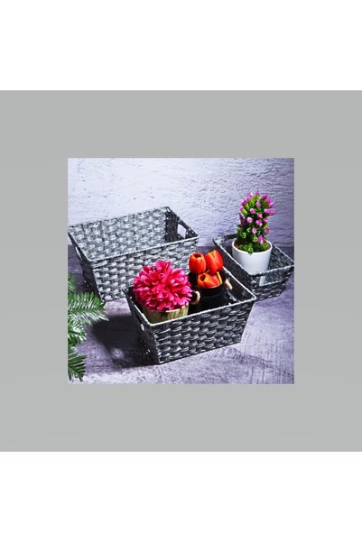 Asey Home 3'LÜ GRİ HASIR DİKDÖRTGEN DERİN DÜZENLEYİCİ SEPET