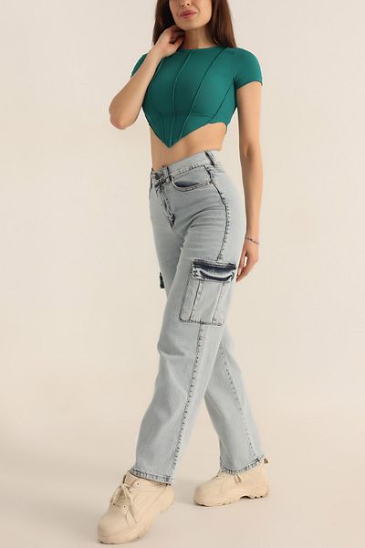 Trn JNS Heidi Outdoor Snow Wash Blue Cargo Buzunar Spate Fără Buzunar Talie Înaltă Picioare Largi Blugi Denim Pantaloni Palazzo