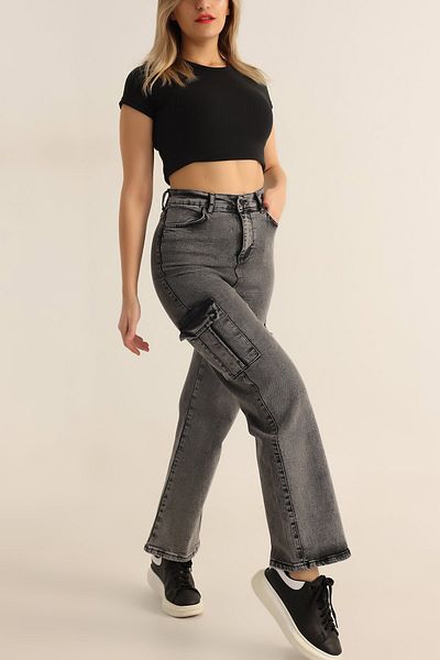 Trn JNS Esila Smoked Snow Wash Cargo Pocket Πίσω χωρίς τσέπη Ψηλόμεση Casual Leg Τζιν Τζιν Palazzo Παντελόνι