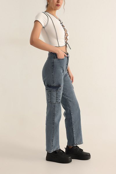Trn JNS Tokyo Medium Blue Snow Wash Cargo Pocket Πίσω χωρίς τσέπη Ψηλόμεσο τζιν τζιν Palazzo παντελόνι