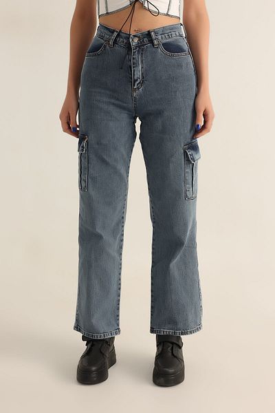 Trn JNS Tokyo Medium Blue Snow Wash Cargo Pocket Πίσω χωρίς τσέπη Ψηλόμεσο τζιν τζιν Palazzo παντελόνι