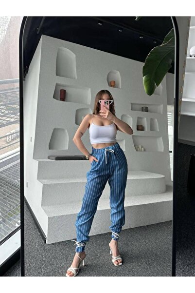 Hacer Balcı Mavi-Beyaz Çizgili Kadın Jogger Pantolon