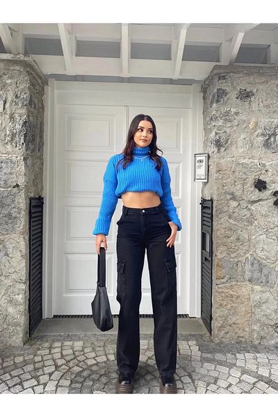 Trn JNS Negru Cargo Buzunar Spate Fără Buzunar Talie Înaltă Blugi Denim Pantaloni Palazzo