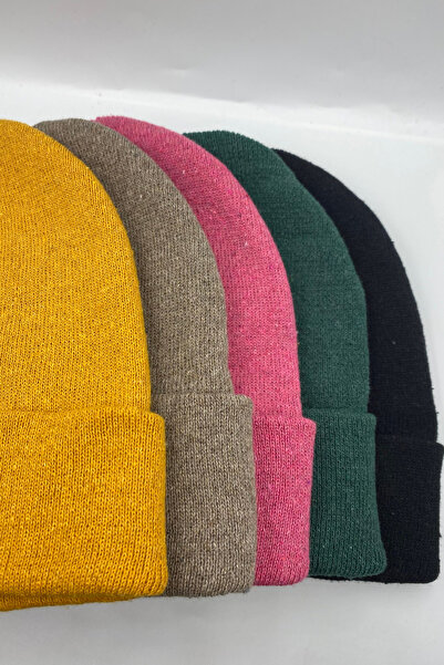 KISCHE Unisex Düz Basic Katlamalı Kışlık 5'li Bere Takımı