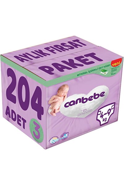 Canbebe Bebek Bezi Beden:3 (4-9kg) Midi 204 Adet Aylık Fırsat Pk