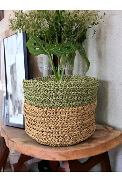 Bohodella Hasır Sepet, Saksı Kılıfı, Çiçeklik, Bohem Sepet