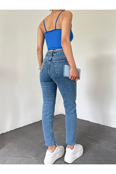 LİMABEL Yüksek Bel Mavi Mom Kot Pantolon %100 Pamuk Esnek Jeans