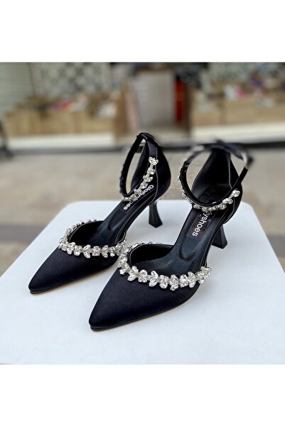 Gloriys Ayakkabı & Çanta Siyah saten 6 cm topuklu taşlı ayakkabı 0650