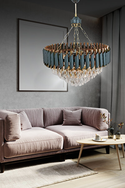 Birsen Aydınlatma Miva 55x55 Cm'Lik Kristal Taşlı Gold-Siyah Lüks Avize - Yat...