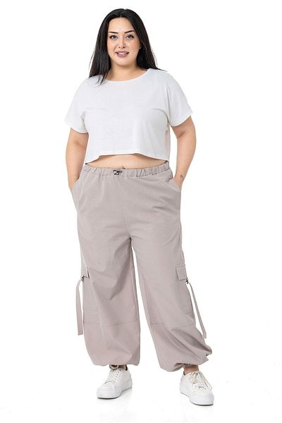 DISENTIS MODEST Plus Size Stone Color Parachute Trousers with Elastic Waist and Cargo Pockets