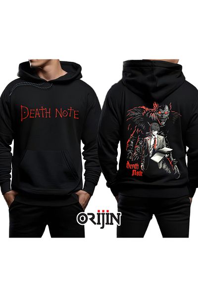 Orijin Tekstil Черен суитшърт с качулка и принт отпред и отзад с надпис Death Note Shinigami Yagami Light