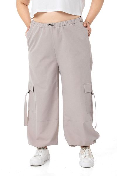 DISENTIS MODEST Plus Size Stone Color Parachute Trousers with Elastic Waist and Cargo Pockets