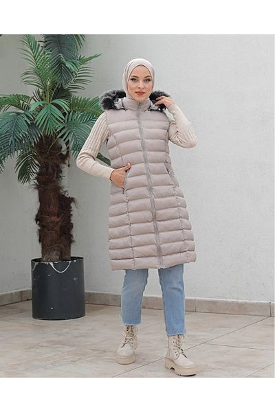 KMKkombin Women's Oversize Large Size Hat Furry Foam Print Detailed Fiber Filling Sports Puffer Vest & Coat