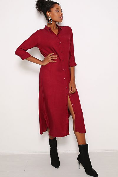AVORWE Front Buttoned Shirt Collar Midi Dress