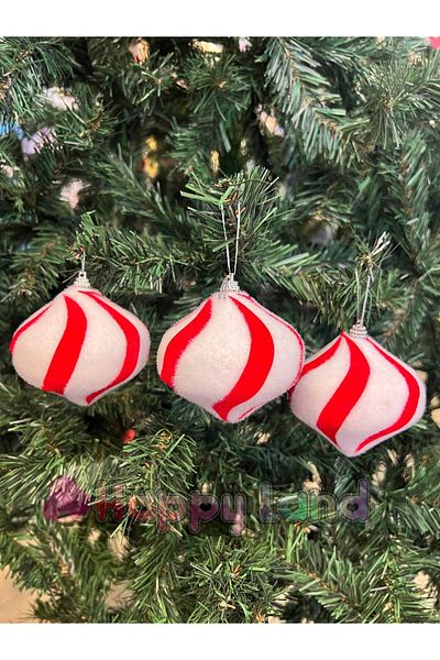 Happyland Christmas Pine Tree Ornament 3 Pieces Red White Striped Model Cici Ball Ornament 6 cm Christmas Ball