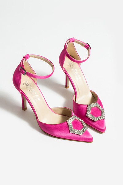 La Limar Limar Fuşya Saten Taş Detaylı Bilekten Bağlamalı 8,5 Cm Stiletto Sivri Burun Kadın Topuklu Ayakkabı
