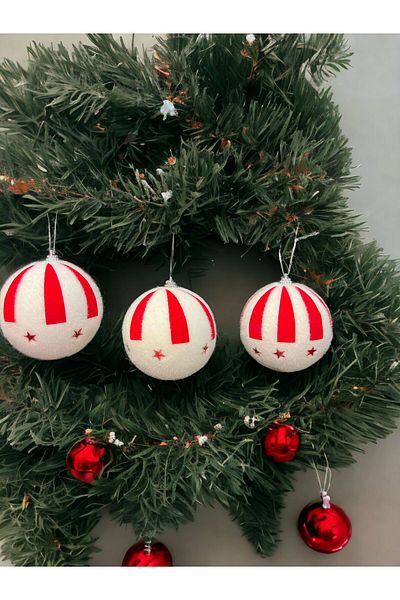 Happyland Christmas Pine Tree Ornament 3 Pieces Red White Star Model Cici Ball 6 cm Christmas Ball