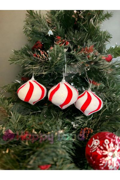 Happyland Christmas Pine Tree Ornament 3 Pieces Red White Striped Model Cici Ball Ornament 6 cm Christmas Ball