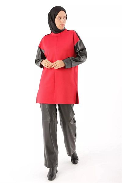 SYG Scuba Sweat Tunic with Leather Garnish Sleeves-SYG50208Red