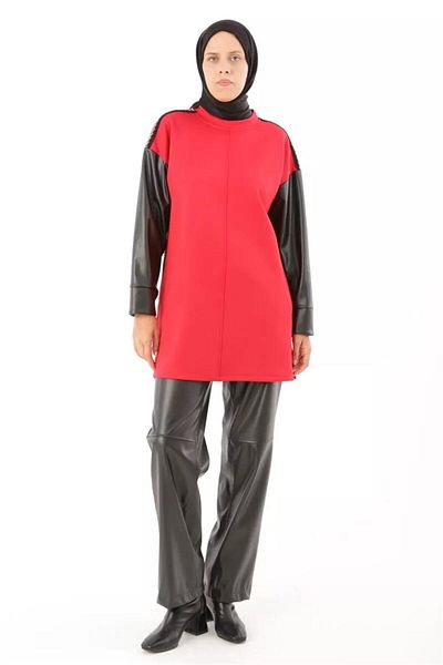 SYG Scuba Sweat Tunic with Leather Garnish Sleeves-SYG50208Red