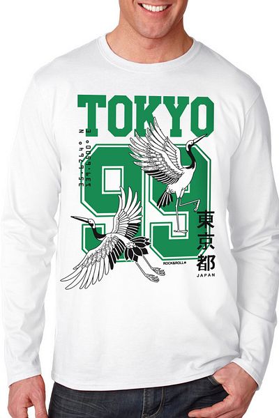 ROCKANDROLL Tricou pentru bărbați din bumbac pieptănat cu mânecă lungă Tokyo 99, alb