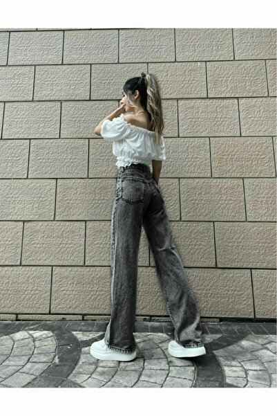 DRC trend Nevva Γυναικείο καπνιστό Lycra Loose Ψηλόμεσο Jean Casual Φαρδύ Ανθρακί Τζιν Παντελόνι