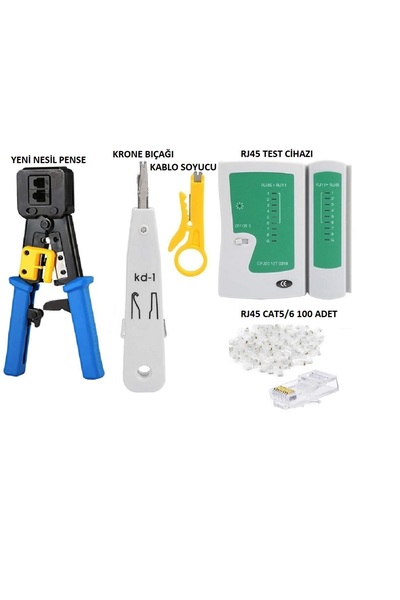 Derwell Yeni Nesil Pense + Test Cihazı + Kablo Soyucu + 100 Adet Rj45 + Krone...