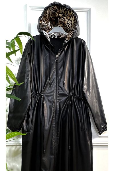 Aşkı Endam Large Size Lema Waist Gathered Hooded Full Length Leather Trench - Black